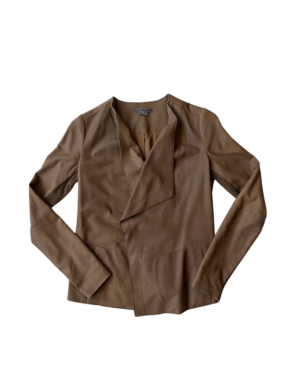 Vince 100% Lambskin Paper Leather Waterfall Drape Front Jacket Taupe XS